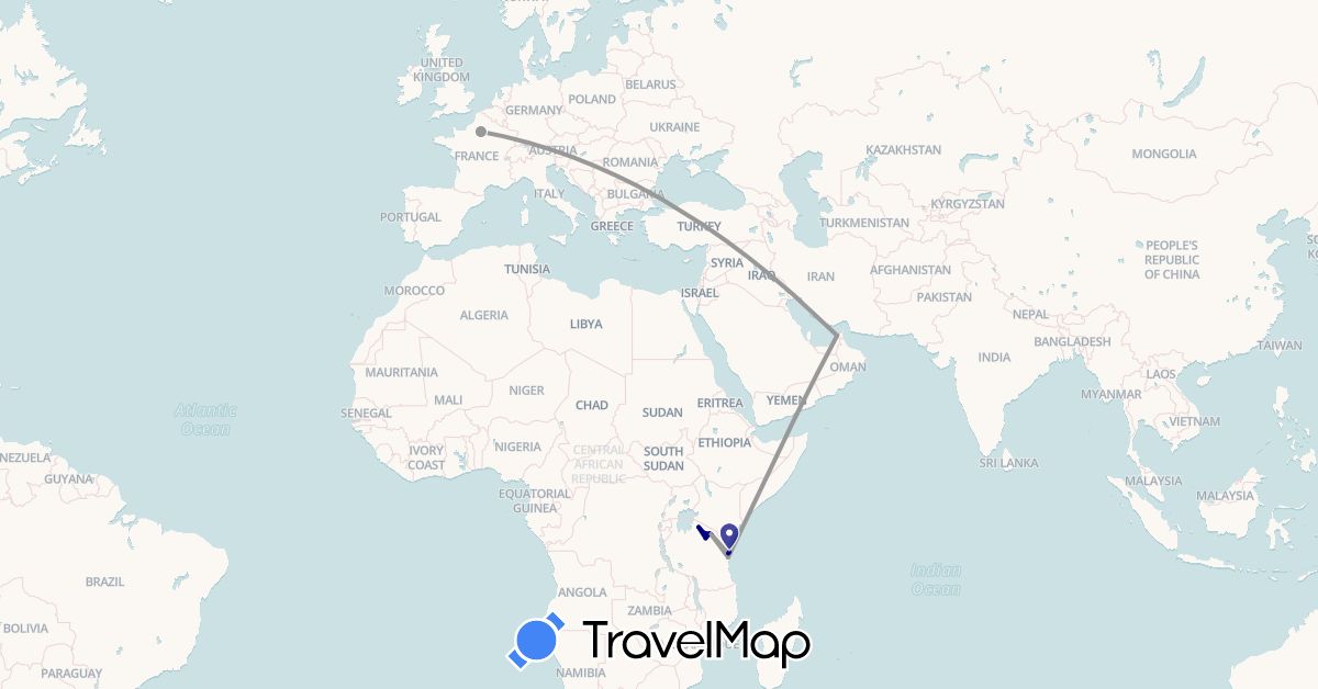 TravelMap itinerary: driving, plane in United Arab Emirates, France, Tanzania (Africa, Asia, Europe)